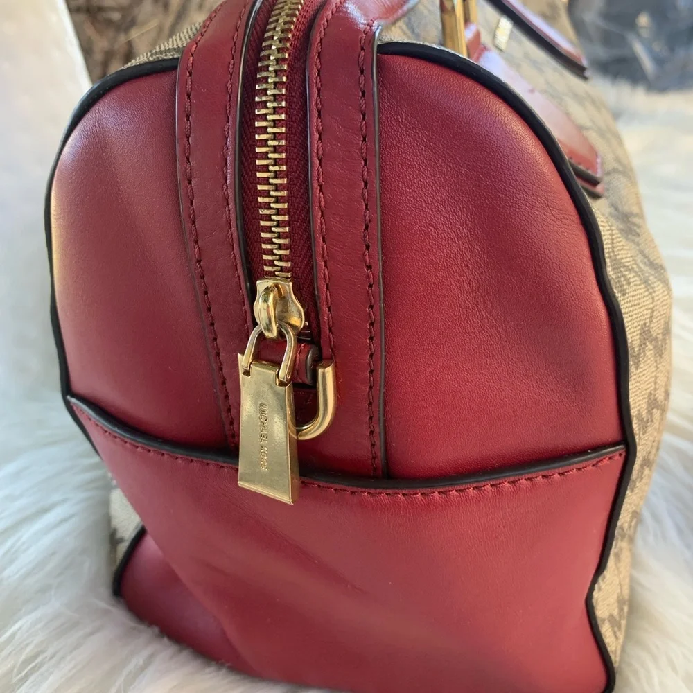 Michael Kors Mercer Medium Duffle Satchel Cherry Red/Tan Leather